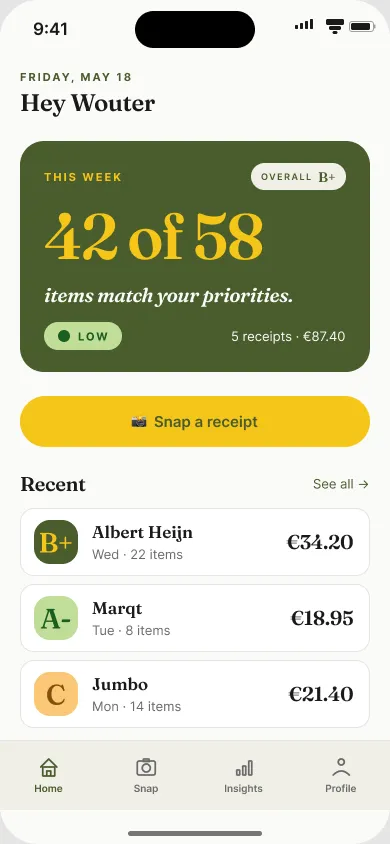 GreenBee home screen: a '42 of 58 items match' headline above three recent receipts