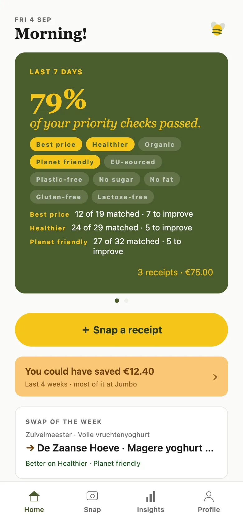 GreenBee home screen: a '42 of 58 items match' headline above three recent receipts
