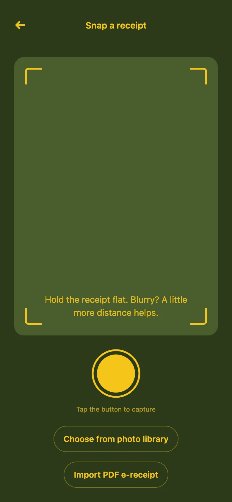GreenBee camera viewfinder aimed at a paper receipt, ready to capture
