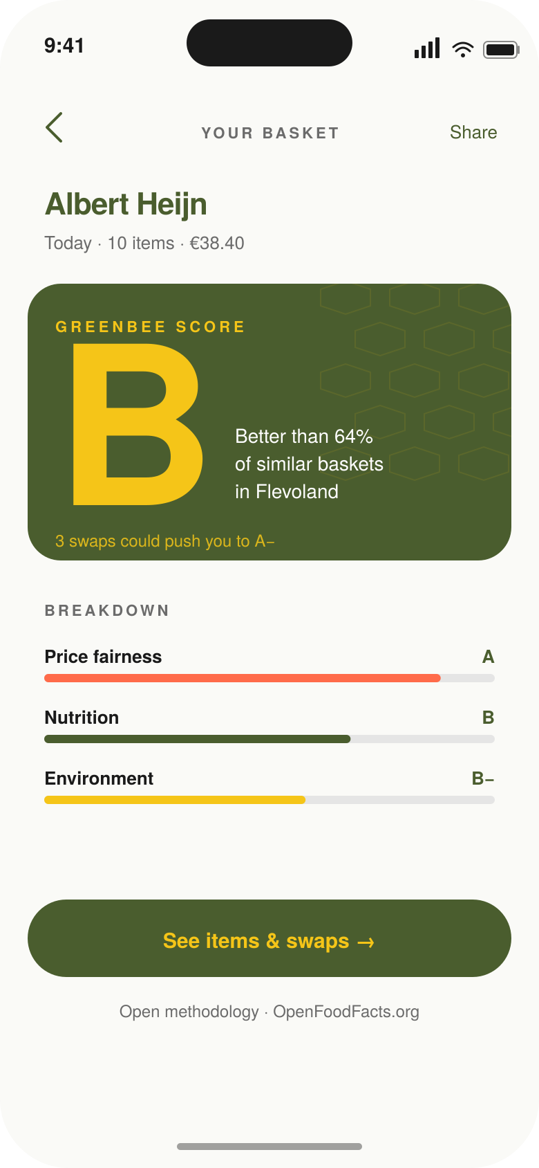 GreenBee app showing a basket score of B