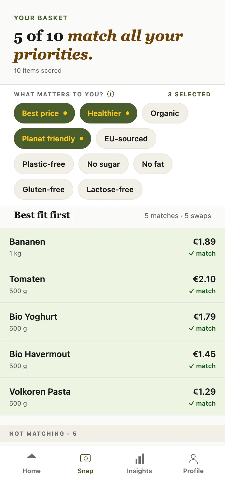 GreenBee Your Basket screen with matching items showing green tick badges and one swap suggestion