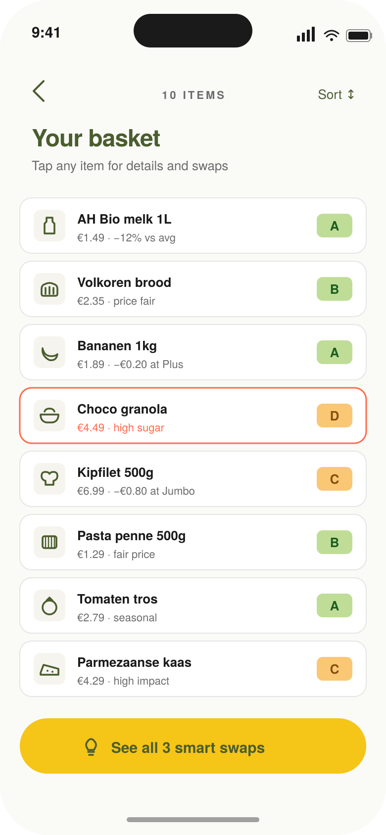 GreenBee basket items list with scores