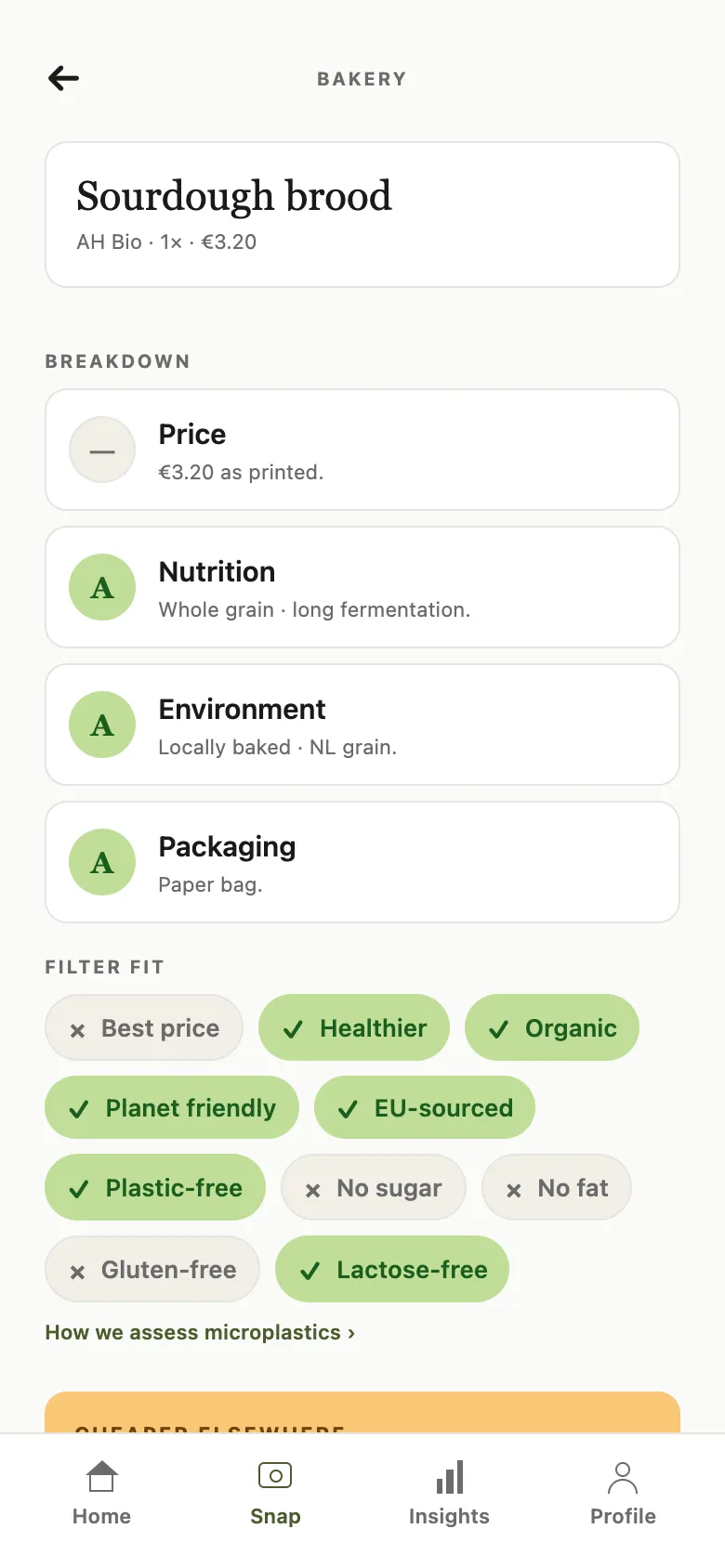 GreenBee item-detail drill-down for Bio Volle Melk: Nutri/Eco/Price/Plastic dimension scores, filter-fit chips, and 'EU Organic certified - Verified via EUR-Lex' reasoning