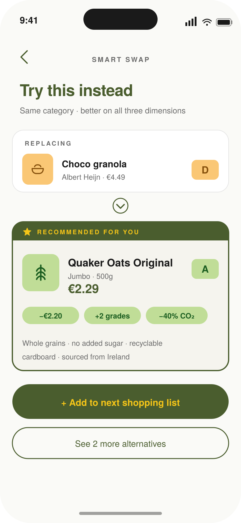 GreenBee smart swap recommending Quaker Oats